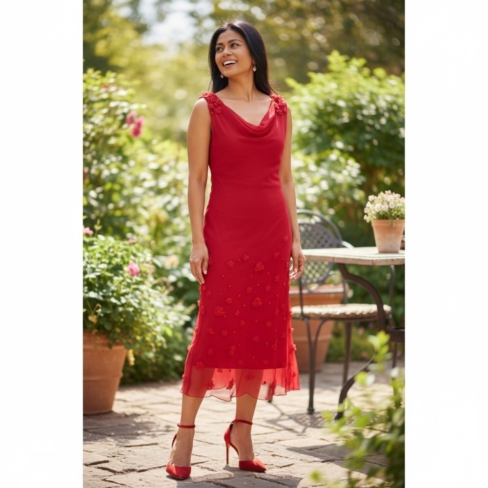 I.C.E 90’s Vtg. y2K Silk, Fairy Red Sleeveless Dress Floral Accents size 10 - Picture 6 of 16